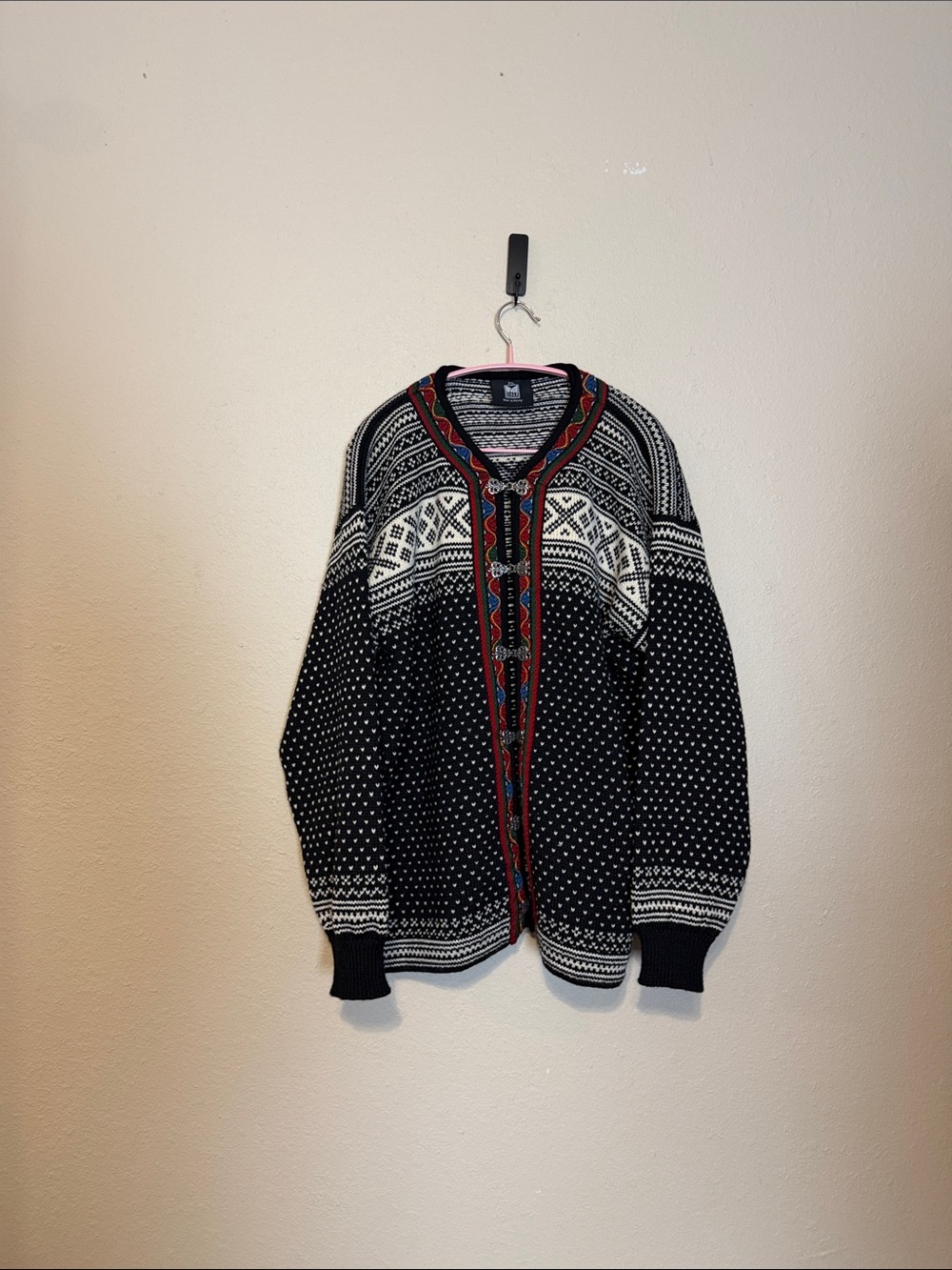 Dale of Norway Sweater Black White Wool Knit Cardigan Norwegian Classic Size XL